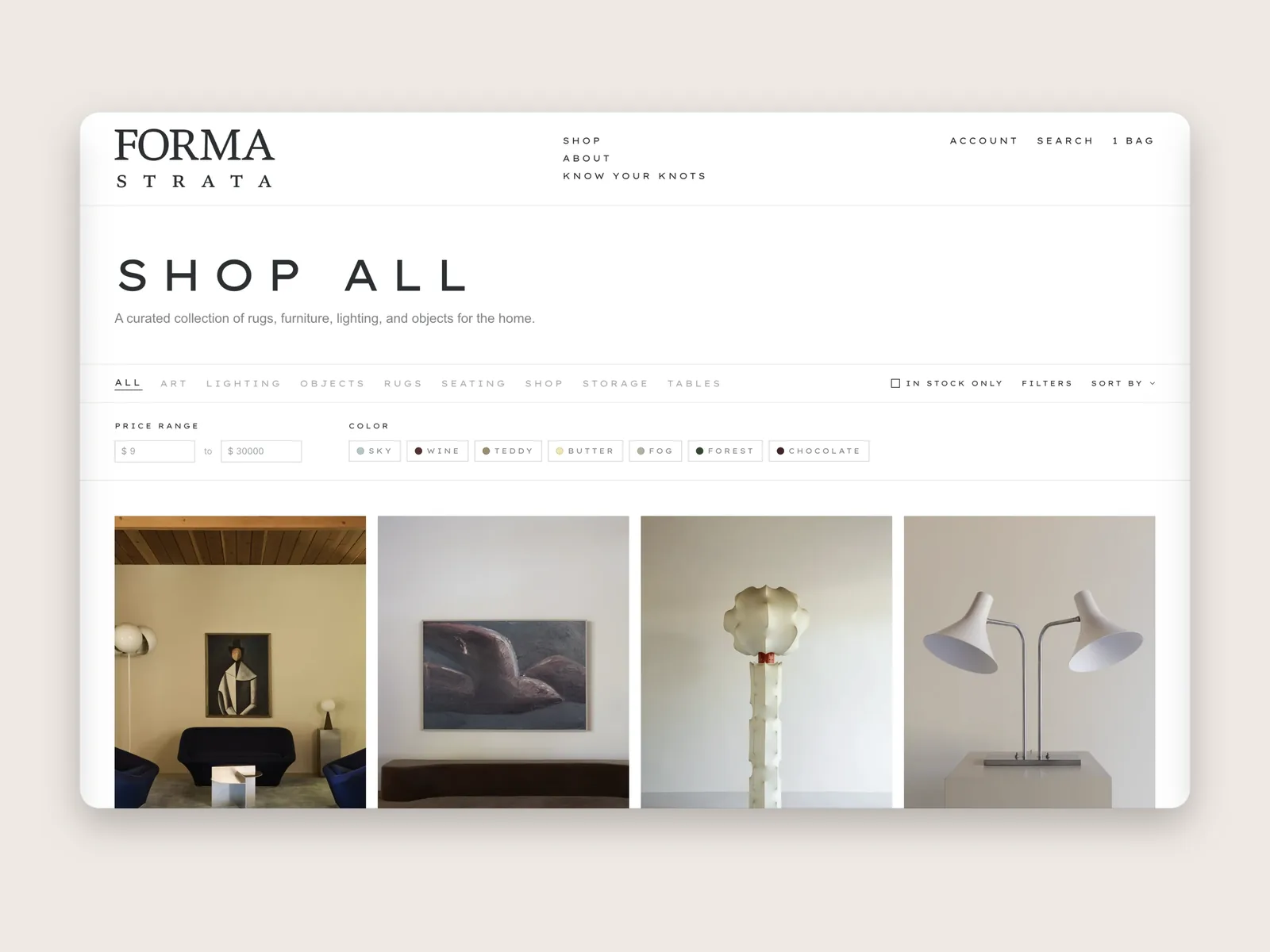 Forma Strata product catalog in its custom Shopify storefront
