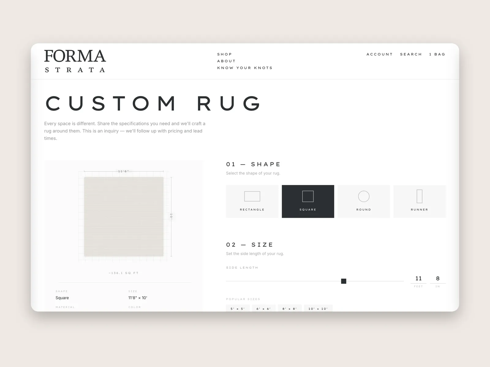 Forma Strata custom rug request flow