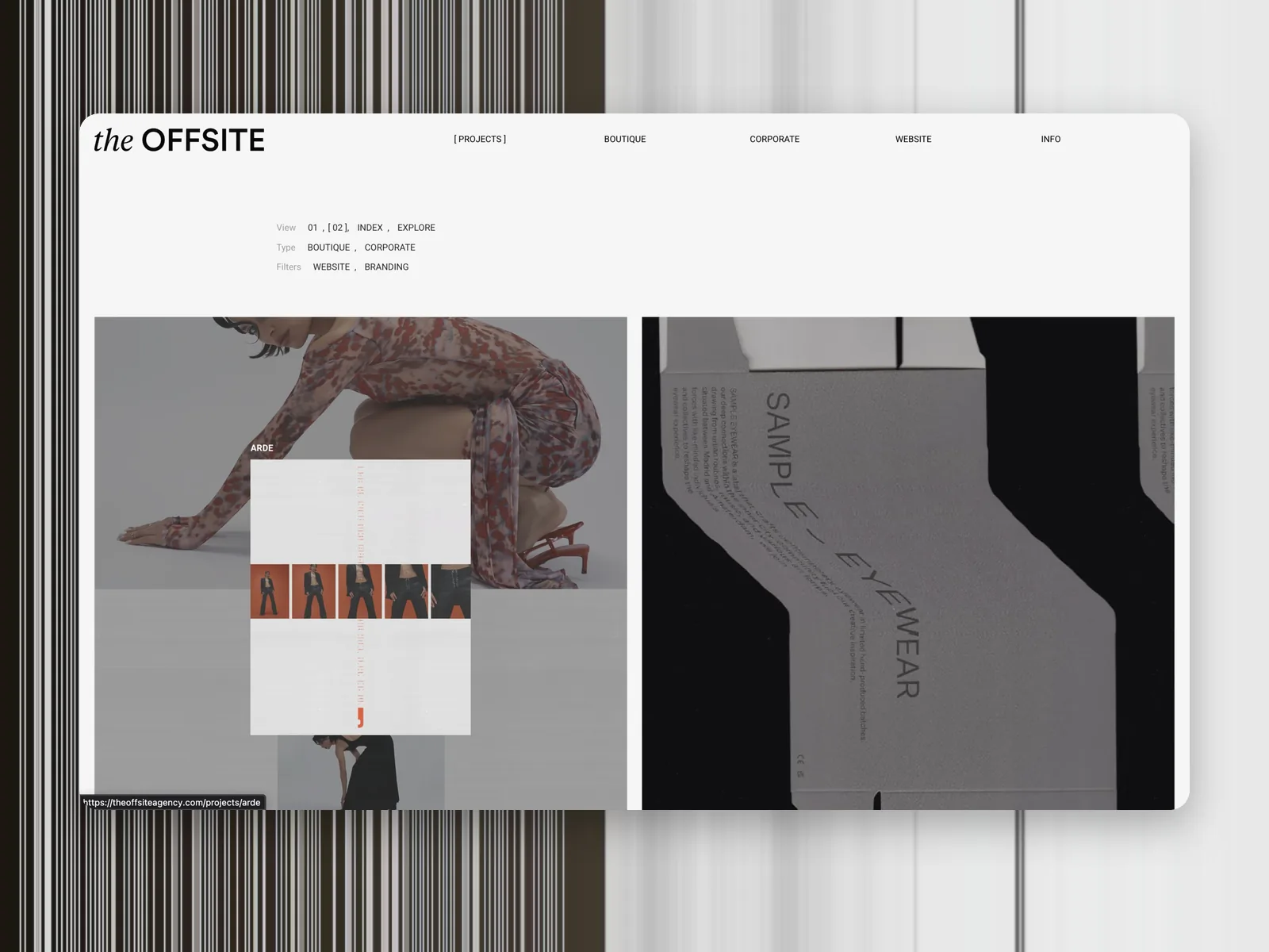 The Offsite Agency project page, a boutique fashion brand shoot next to a product detail shot