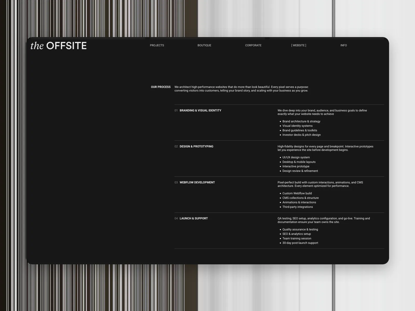 The Offsite Agency homepage footer with links to selected work and contact