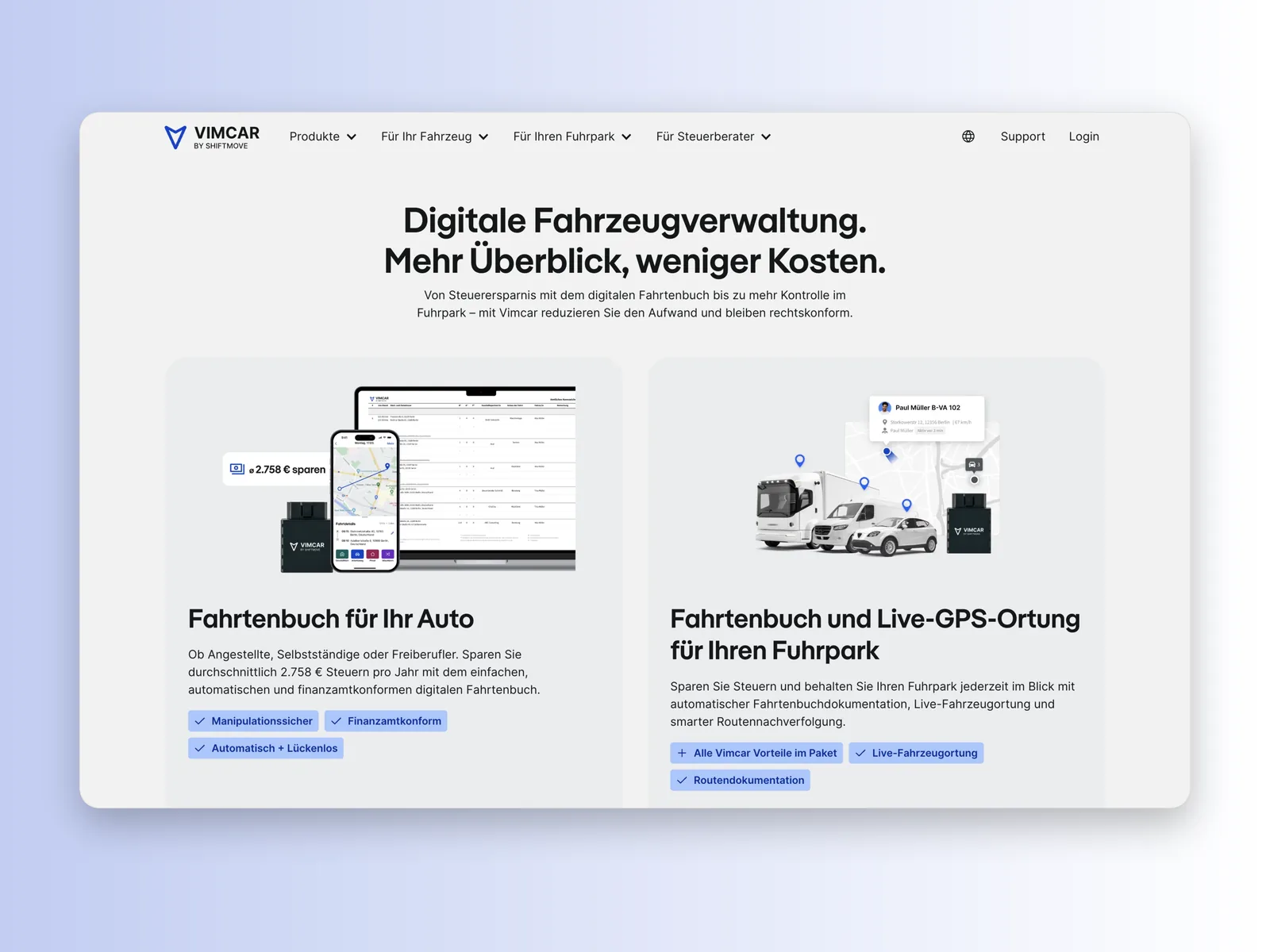 Vimcar digital fleet management homepage